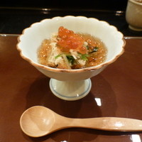 花筐 - 2015年8月　水菜とアゲ　イクラ　昆布とカツオのジュレかけ