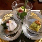 銀のすず - 前菜：夏野菜のとうもろこし白和え・茄子のずんだ和え・蛸と胡瓜の香梅和え