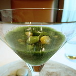 ルカンケ - おくらとモロヘイヤの冷たいスープ　枝豆ととうもろこし