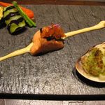 鱒の助軽い燻製豆腐ソース、蛤香草焼、焼野菜のアップ(2015.05)