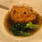 京都 なだ万 賓館 - すっぽん百合根饅頭あられ揚げ、トリュフあん小松菜白髪葱のアップ(2015.05)