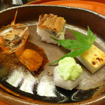 名古屋 浅田 - 前菜（うなぎ寿司、白山豆腐西京焼、石川芋豆打、うに琥珀寄せ、いなだ望月）