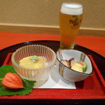 酒菜 九献 - 先付　南瓜の蒸しもの、タコ柔らか煮など