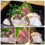 Keyaki Doori Umibare - ◆お刺身盛り合わせ・・カンパチ・タコ・イサキ炙り
                        イサキがいいお味ですね。ほかは普通かしら。