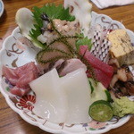 居酒屋 満福 - 刺身の盛り合わせ。沖縄らしい品々がずらりと並びます。