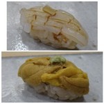 鮨 かんび - ◆ヤリ烏賊・・丁寧に包丁が入っているので食べやすい。
            唐津の赤うに・・この時期の赤うには甘くて美味しいこと。