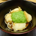 日本料理 太月 - 帆立天ぷら、オクラとろろのうどん