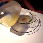 京 静華 - 2015.8.ディナー③冷たいお粥と雲丹に温かいお出汁 