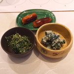 麻布 幸村 - 人参の葉の胡麻和え と 胡瓜の白和え と チェリソー　(2015/07)