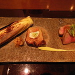 北新地 弧柳 - 宮崎産三角牛塩焼き　北海道産ヤングコーン