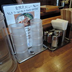 麺屋NOROMA - 卓上には中粗挽き黒コショウ、七味が置いてあった。