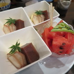 零 - 水ようかん、梨のワイン煮、バニラアイス、すいかの盛合せ