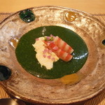 車海老と湯葉　モロヘイヤすりながし