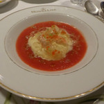 モナリザ - ２０１５年８月　黄色ピーマンのムースとトマトジュレ　真っ赤なガスパチョ　天使のエビ添え