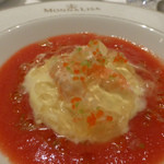 モナリザ - ２０１５年８月　黄色ピーマンのムースとトマトジュレ　真っ赤なガスパチョ　天使のエビ添え