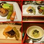 野菜割烹 あき吉 - 八寸　汲み上げ湯葉　福さ焼き　野菜真丈　楓麩　枝豆、など
      温物　枝豆饅頭餡かけ　揚物　お野菜の天麩羅（さつま芋、南瓜、茄子、モロッコインゲン）