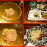 野菜割烹 あき吉 - 小鉢　オクラ　トマト　長芋　焼茄子　ゼリー寄せ、焼物　お野菜と厚揚げのグラタン