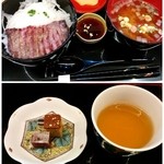 いしかわ百万石物語 - 能登牛ステーキ丼　税込1,200円、加賀番茶と金粉をふったカステラ付き