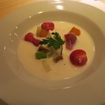 あま屋 - 旬野菜と生ハム　もろこしのすり流し　日高の土と