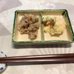 地酒BAR 山新 - H27.08.28 お通し 「おから」 と 「ポテサラ」