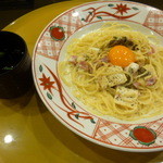 先斗入ル - モッツァレラチーズの豆腐カルボナーラ＋和風スープ