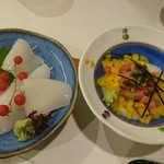 Hikohiko Tei - イカ刺身と鮪と山芋たっくん  たっくんは面白い感覚♪