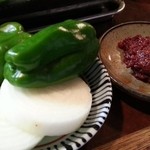 梁山苑 - ピーマンと玉ねぎは辛子味噌で頂く　2015.8