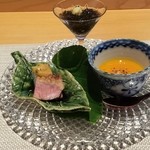 町家懐石　六花 - カモロースト、田楽、カボチャのスープ、もずく