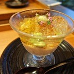 Yonekura - 海老と枝豆、玉ねぎに鯛のお出汁のジュレがけ