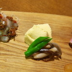 banshakuyatsuki - 左：鰯の焼味噌和え、右：利休卵（どちらも江戸料理）
