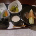 おりおり - 小鉢、水茄子に生ハムオリーブオイル掛。