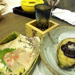 二合半 - 焼き米なすに刺身は日本酒が合うね～♪