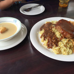 キッチン すずたとうげ - 2015年9月上旬 ハンバーグトルコとコーンポタージュスープ 嫁と息子でシェア。