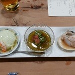 とく山 - 【枝豆豆腐、もずく酢、はまぐり焼き】◎2015/8