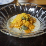 カラスミと雲丹と枝豆の冷製パスタ