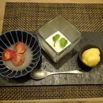 東京チャイニーズ 一凛 - デザート（フルーツトマトの冷製 ライチソース仕立て、杏仁豆腐、マンゴープリン）