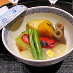 竹ざき - 【6】炊合せ：イベリコ豚角煮 ごぼう 賀茂茄子 カボチャ 万願寺 じゃがいもあん(2015.8月)