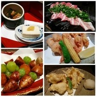 いせもん本店 - お通し(海ブドウ載せお浸し、栗豆腐)、アピオスと銀杏の唐揚げ、三重産豚の朴葉味噌焼き、ガスエビの唐揚げ、鱧とマコモ茸の天婦羅