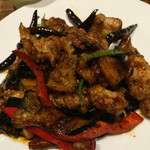 鳥モモと茄子、南瓜のバーベキューソース炒め