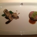 アピシウス - 2015年９月のアミューズ（ホタテとキノコのテリーヌ、カモのパテマスカット添え）