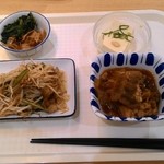 五日市石内食堂 - 法蓮草のおひたし108円、すき焼き270円、塩ダレもやし炒め216円、冷奴86円