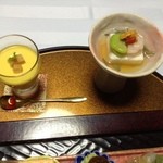 信夫温泉のんびり館 - 先付け・ポタージュスープとアスパラ湯葉豆腐