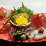 信夫温泉のんびり館 - 夕食・お造り（ヒラメ昆布締め、伊勢エビ、ウニ、ハモ、マグロ、タコ）