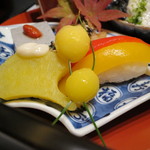 個室会席 北大路 虎ノ門茶寮 - 胡麻豆腐・御倉利休揚げ・長芋揚げ煮・銀杏・銀杏丸十・パプリカ寿司