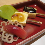 個室会席 北大路 虎ノ門茶寮 - 豆腐味噌田楽・焼蓮根・茗荷子