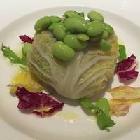 レストラン アラジン - ホタテ貝、セップ茸、縮緬キャベツ、茶豆の温かいサラダゆず風味_アラジン_2015.9
