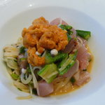 【2010.5.5】パスタ1皿目☆カジキマグロとオクラの冷製カッペリーニに雲丹を添えて♪
