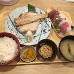 Tsukiji Shokudou Genchan Shinagawa Shizun Terasu Ten - 【本日の焼き魚とお刺身定食…980円+税】2015/9