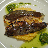 アピシウス - 長良川産郡上鮎のグラッセとスクランブルエッグ　ピストゥ風...オーブン焼きにした鮎、上には鮎の骨と肝のペーストと合わせたソース、下にはスクランブルエッグ、周りにバジルのソースを添えて