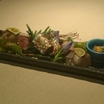 祇園迦陵 - 八寸：さつま芋のすりながし、紫ずきんのむかごあえ、秋刀魚のオイルサーディン、黒湯葉うに添え、万願寺とじゃこの炒め物、鴨ロース、かますの寿司、太刀魚